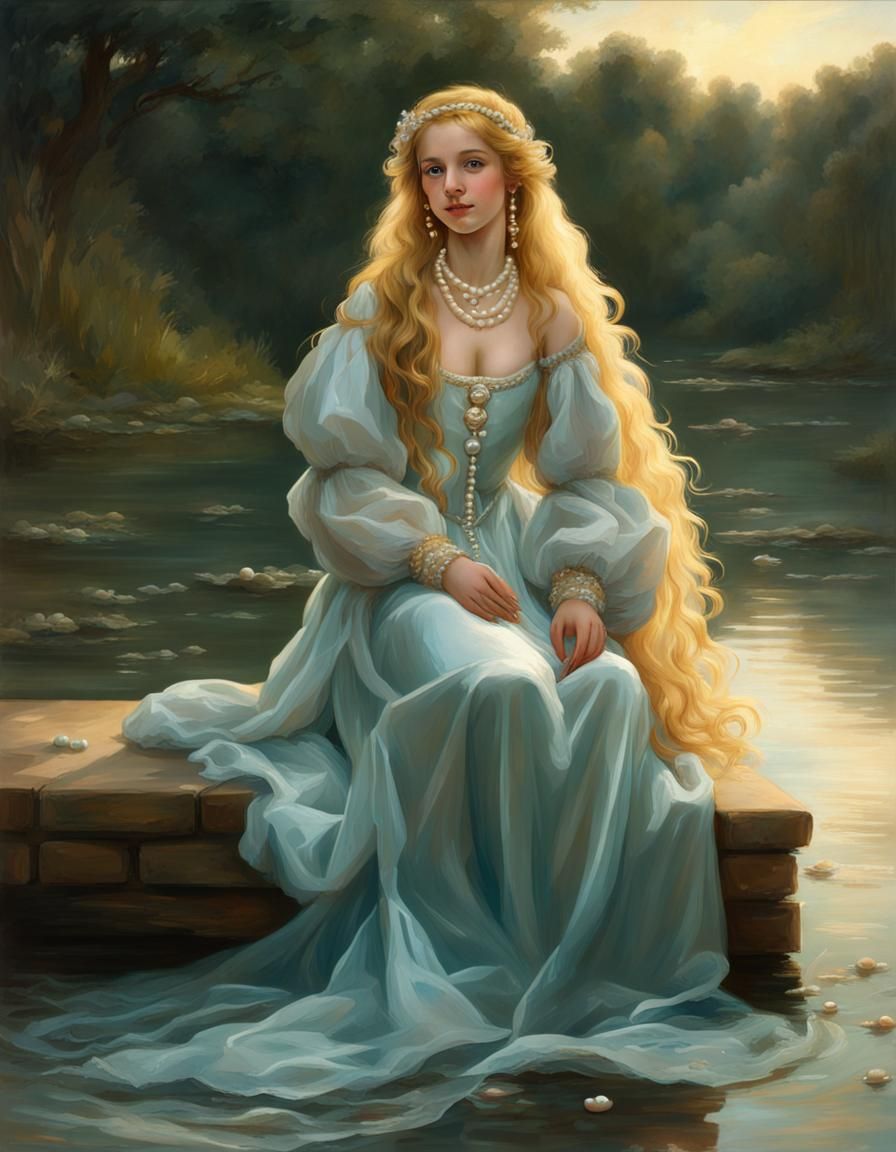 Renaissance Girl in Silver Gown with Pearl Embroidery