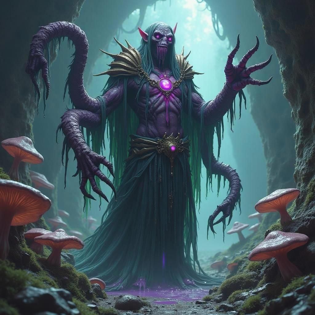 A Drow male, cleric of Ghaunadaur, the Elder God of Slimes; transitioning shape from a drow elf into a vile oozing, acid...