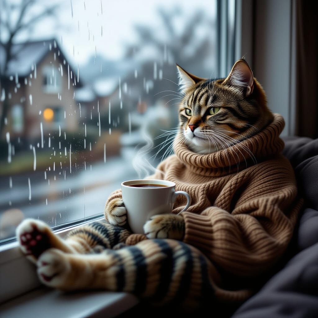 Sad Cat with Coffee by the Window