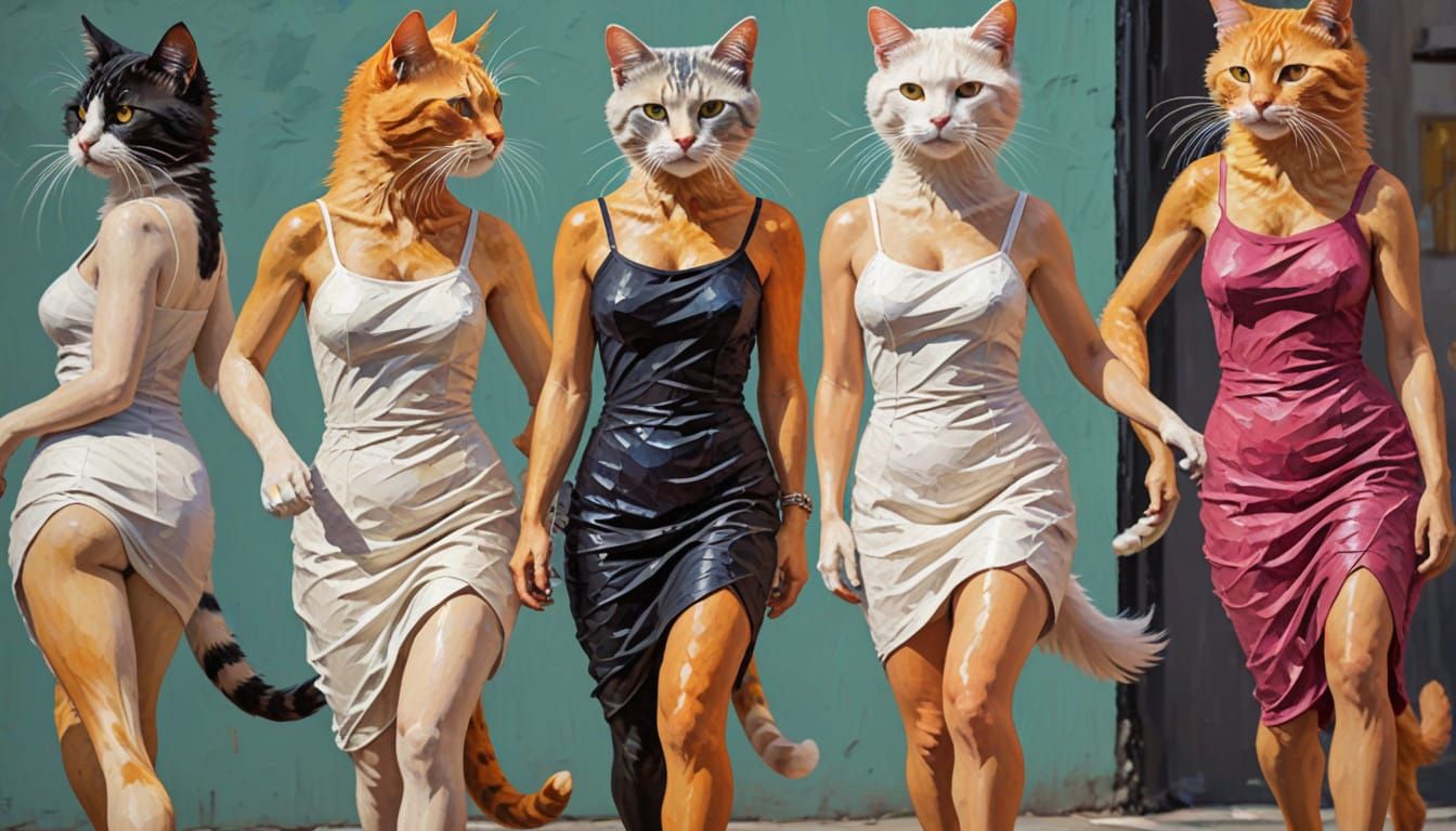 Vibrant City Cats in Impasto Style