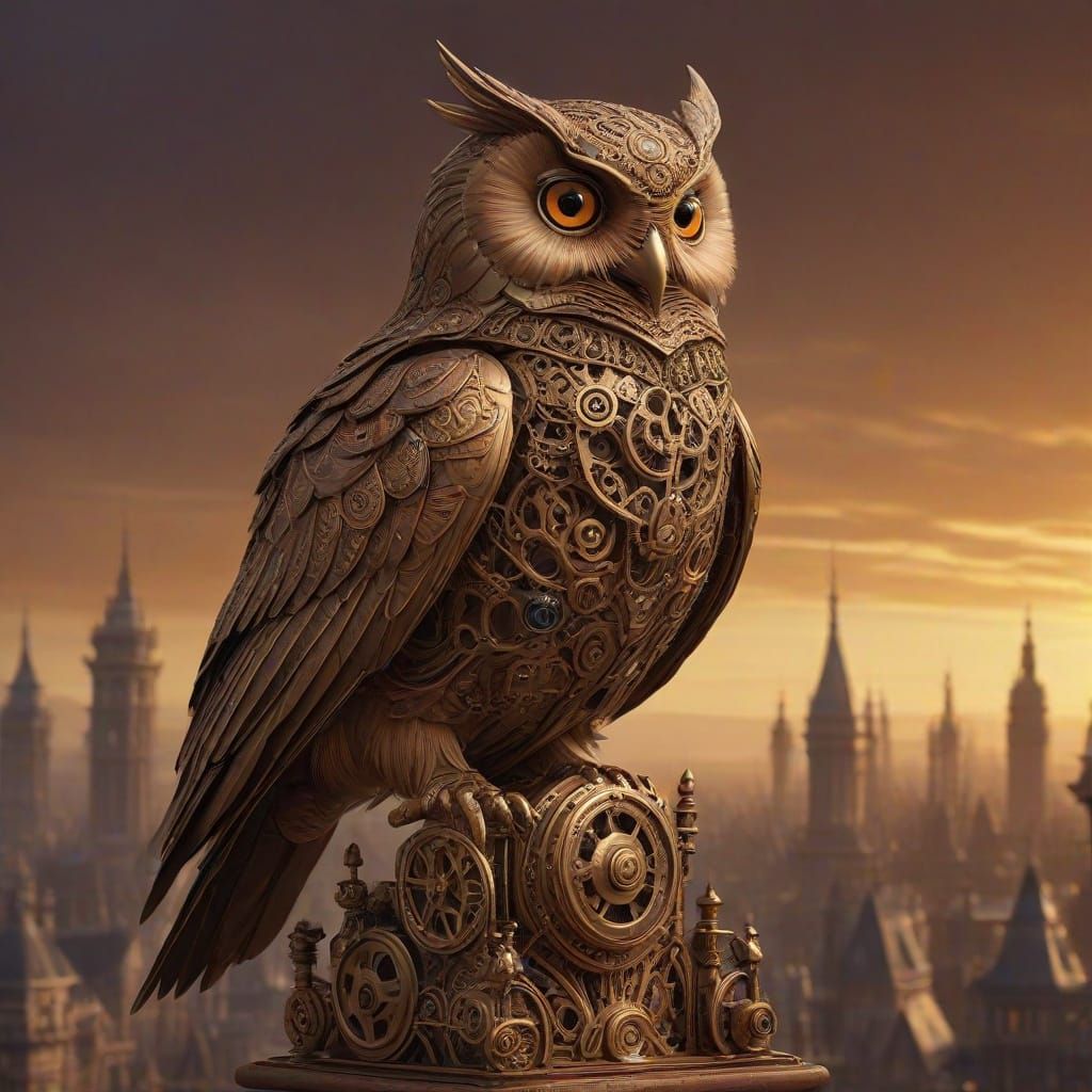 Clockwork Owl on Steampunk Automaton in Twilight City