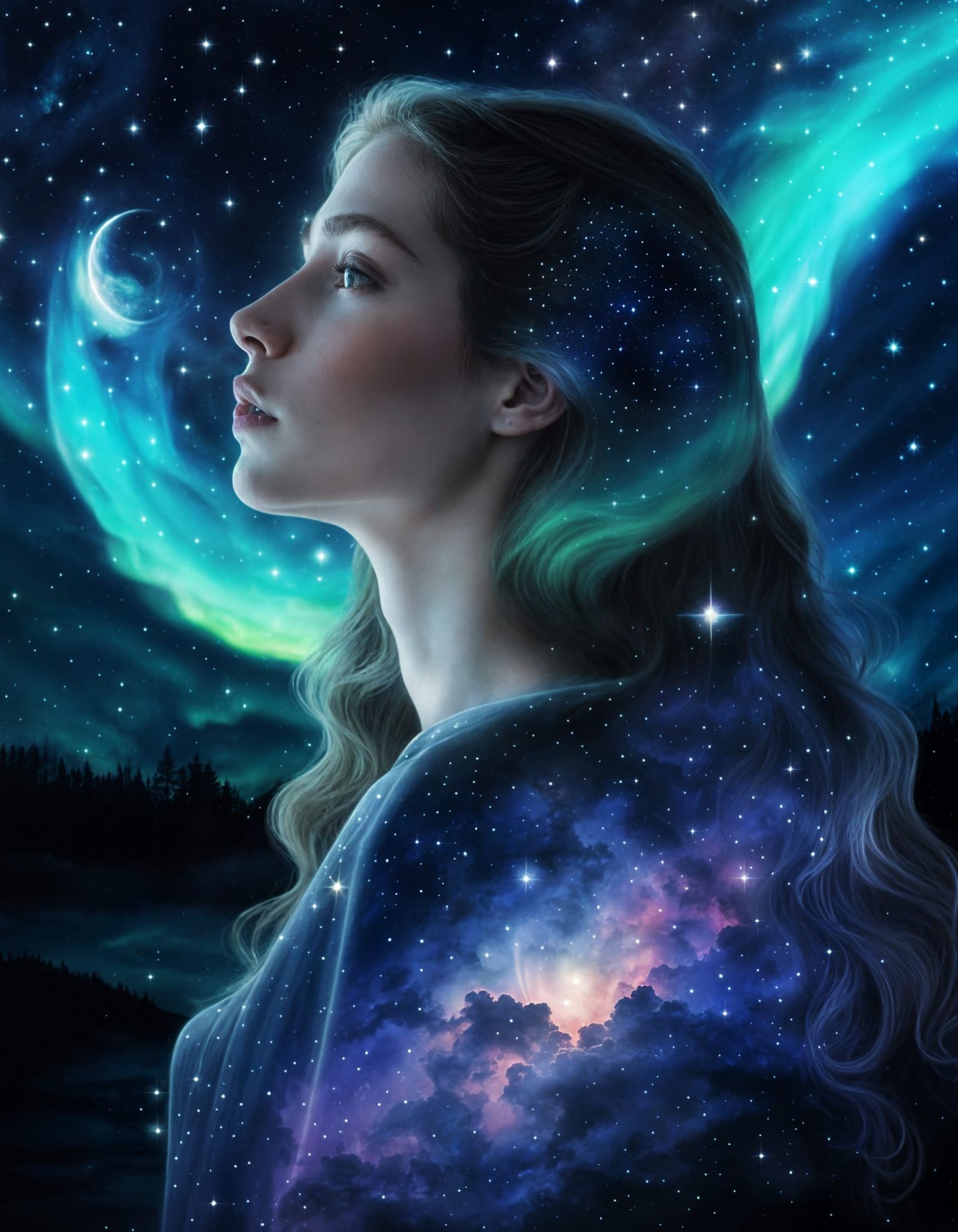 Celestial Aurora Jubilee: Photorealistic Starry Night Maiden