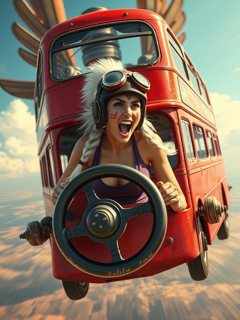 Steampunk Flying Bus with Pilot in Hyperrealistic Style