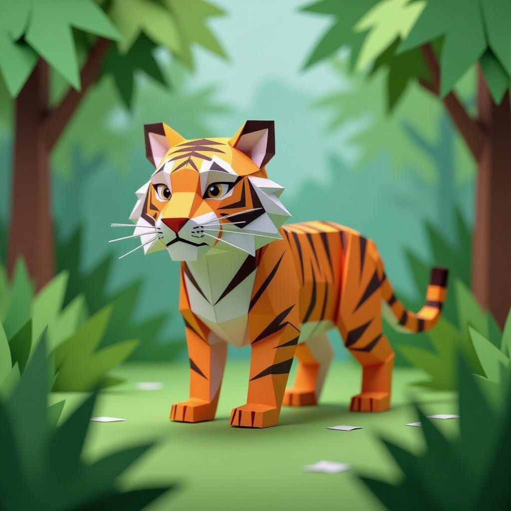 3D Paper Tiger in Origami Jungle