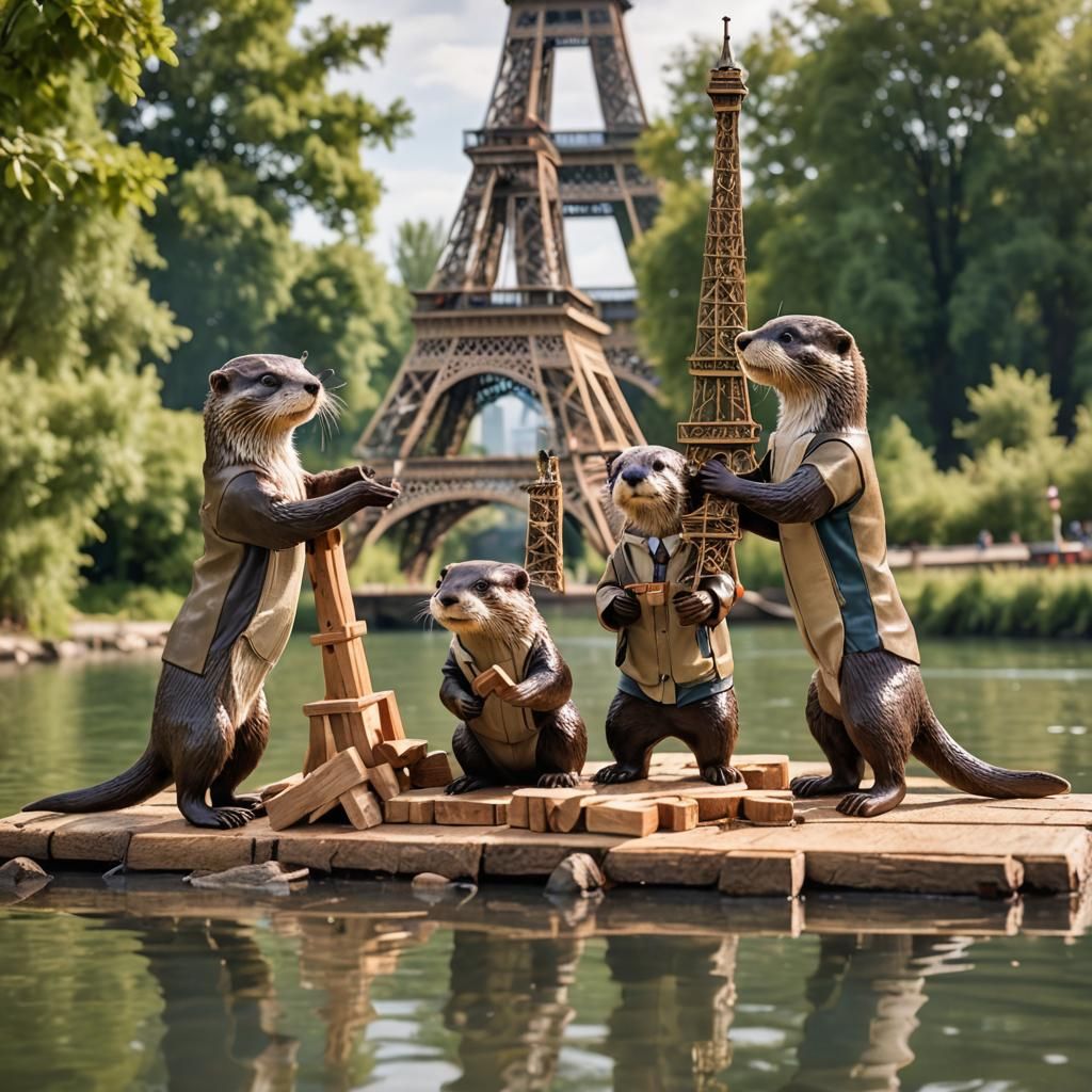 Playful Otters Construct Wooden Eiffel Tower