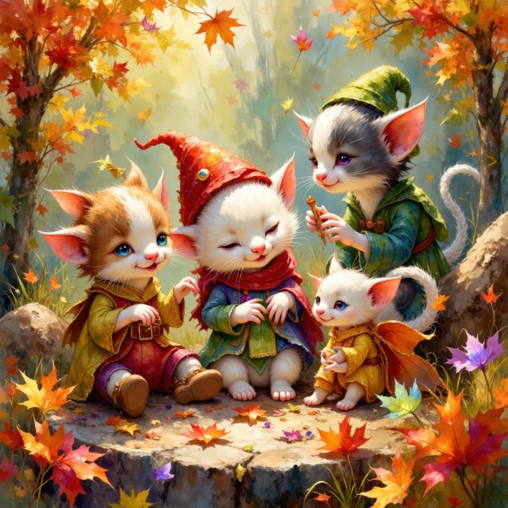 Kittens and Elves Play in Autumn Leaves