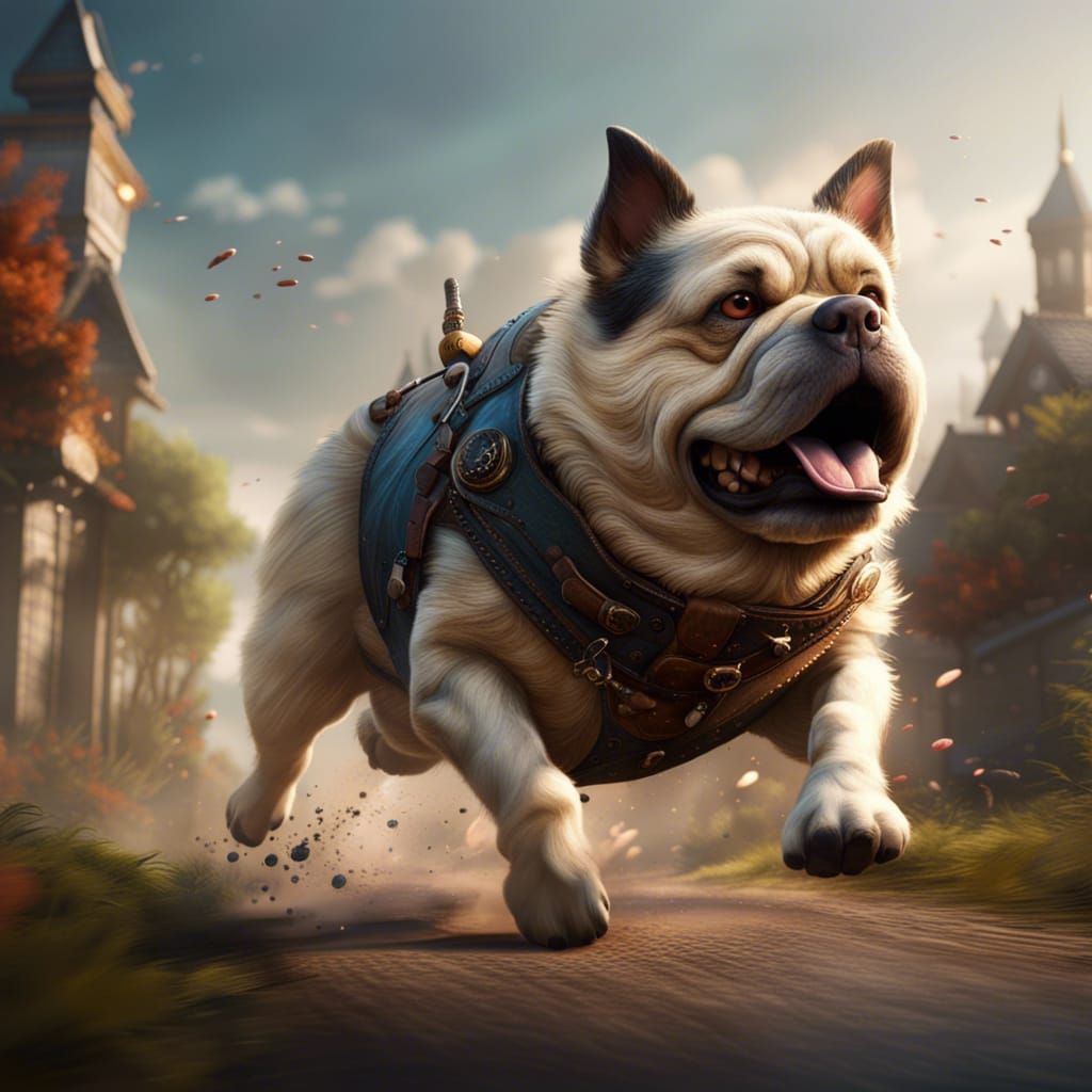 Fat Dog Running in Detailed Fantasy Art
