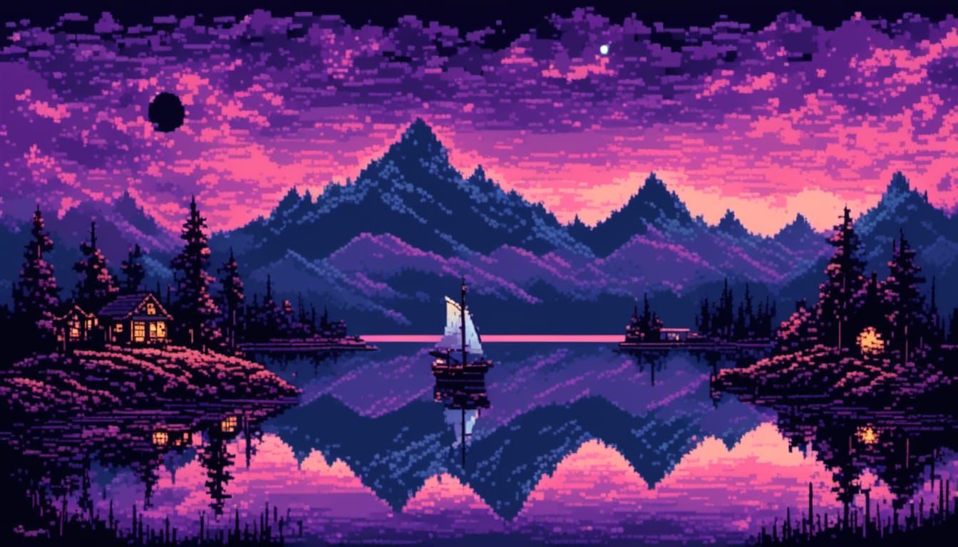 a pixelated mountain landscape