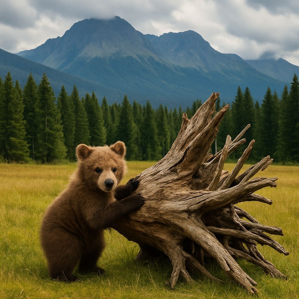 Bear Cub and Overturned Tree in Meadow