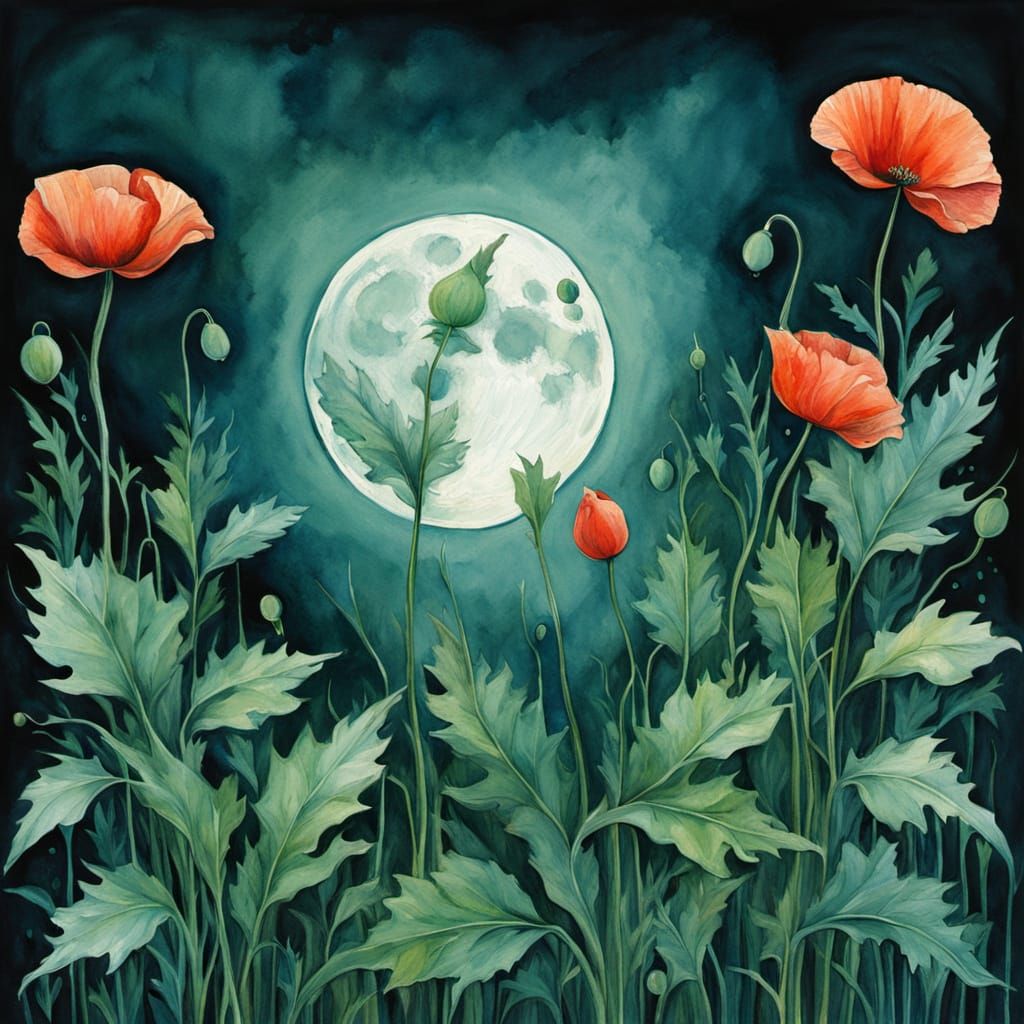 Watercolor Poppy Painting with Full Moon and Dewdrops