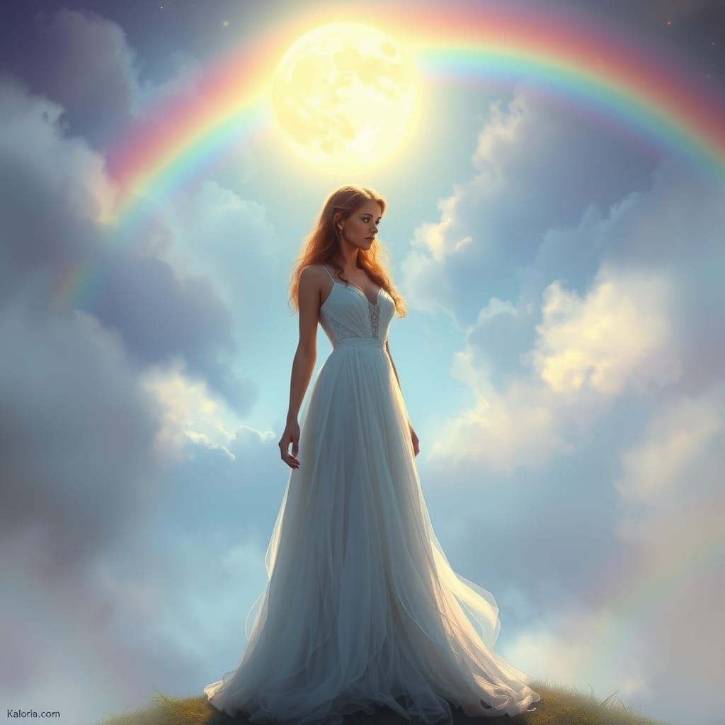 Ethereal Woman Under Rainbow Moonglow: Dreamy Fantasy Art