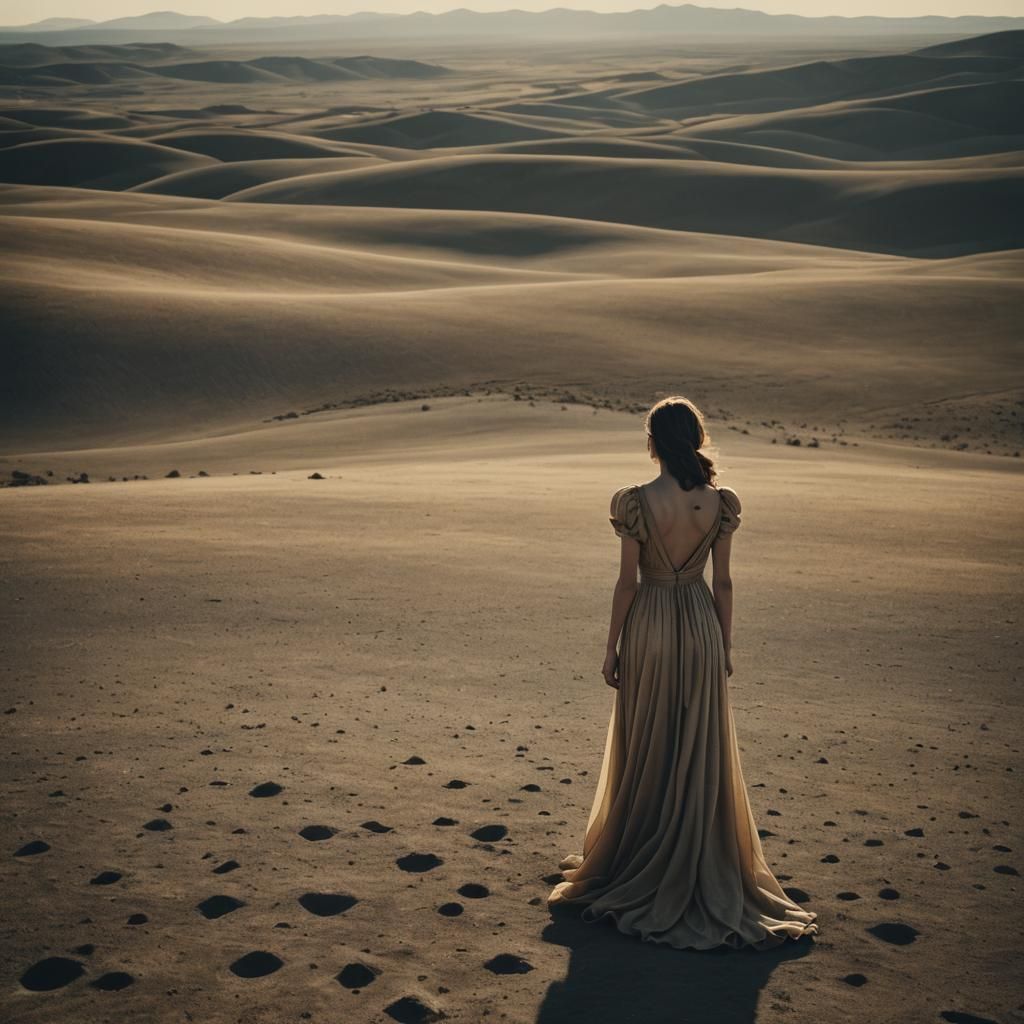 Lonely Woman in Surreal Desert Landscape