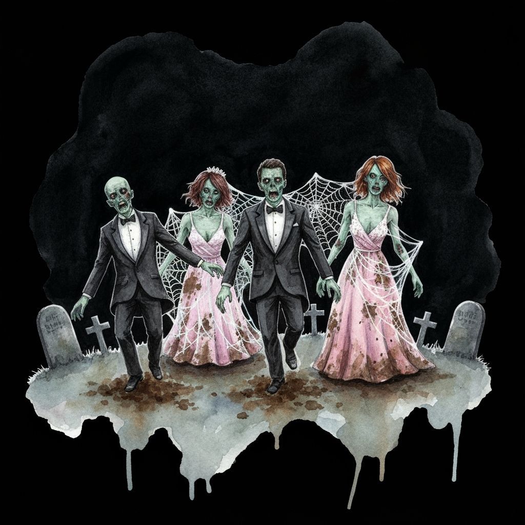 Zombie Prom Night in Graveyard Watercolor Art