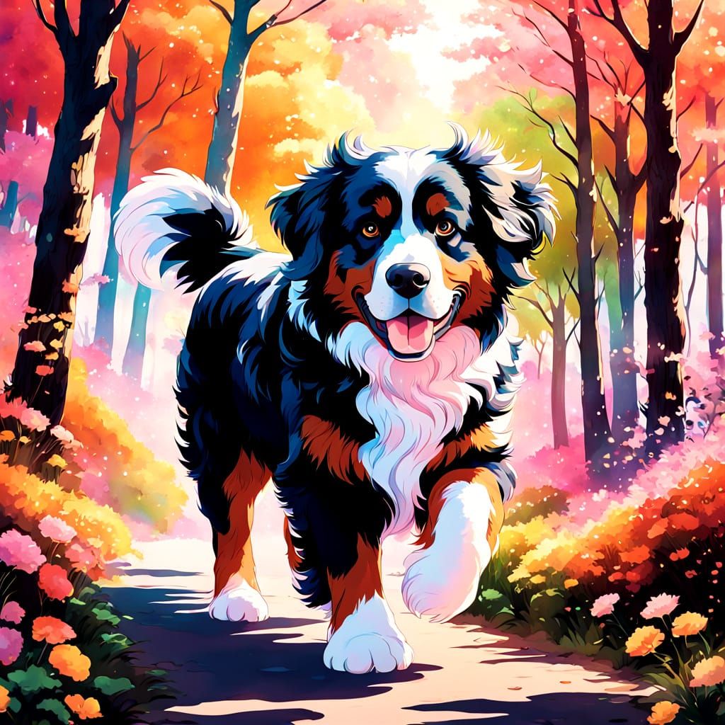 Whimsical Fantasy Portrait of a Happy Bernese Mountain Dog