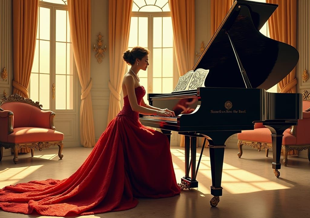 Elegant Woman at Piano in Lavish Art Deco Salon