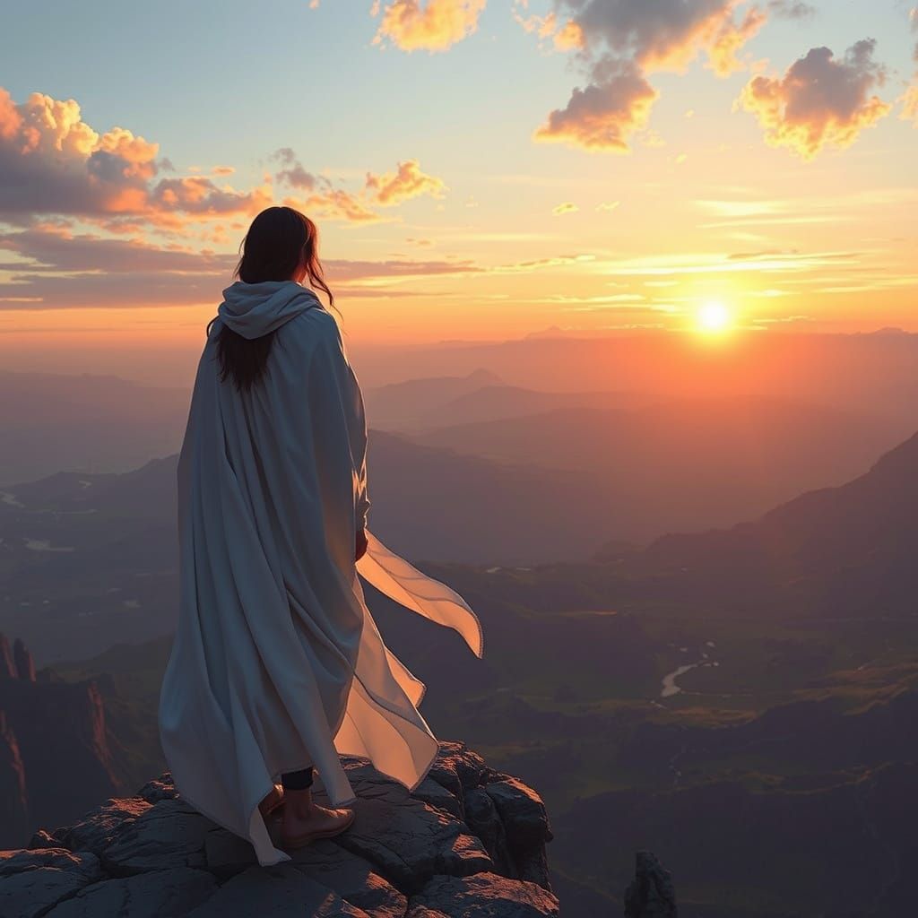 Woman Gazing at Sunrise Landscape in Digital Painting Style