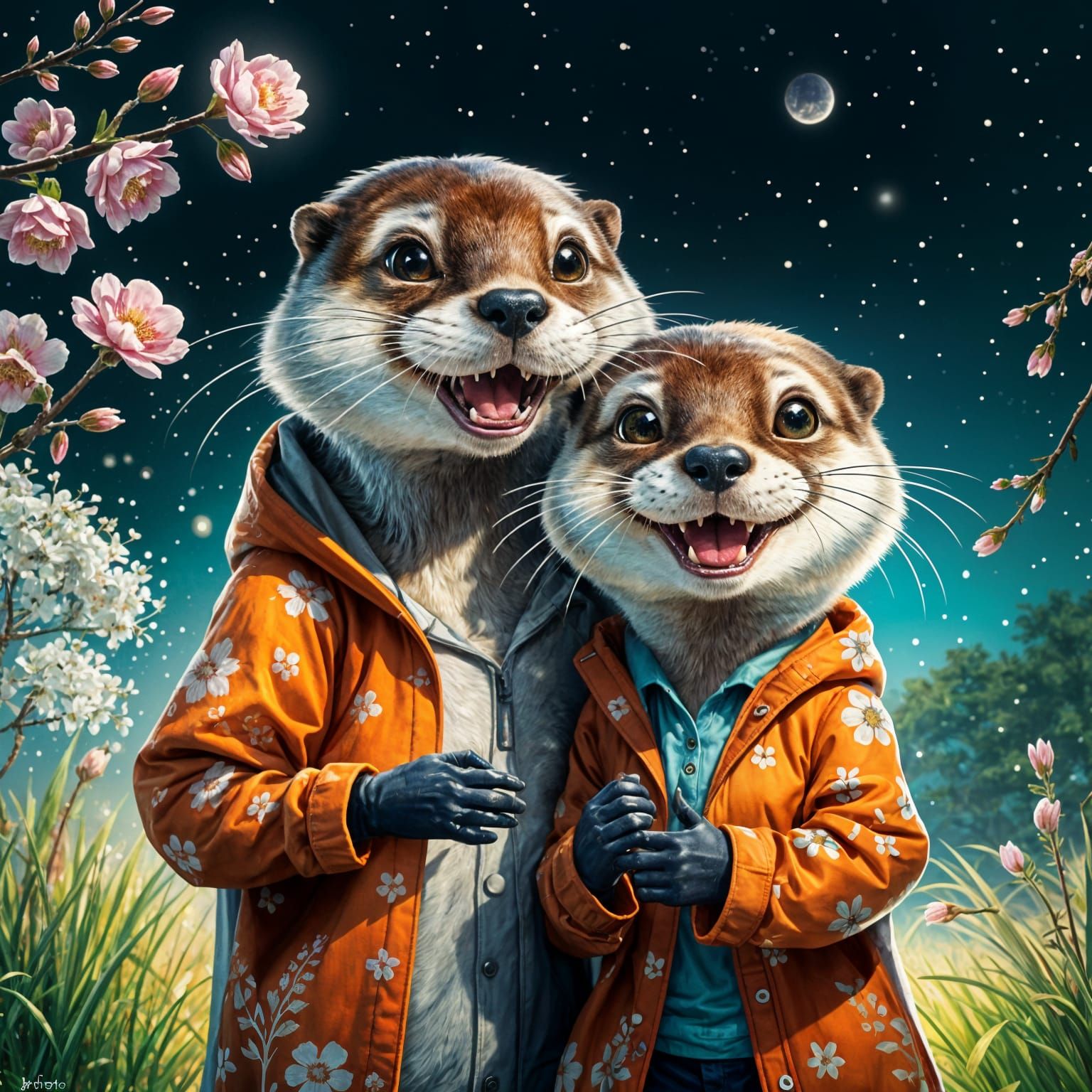 Anime Otter Couple Delights in Sparkling Spring Night