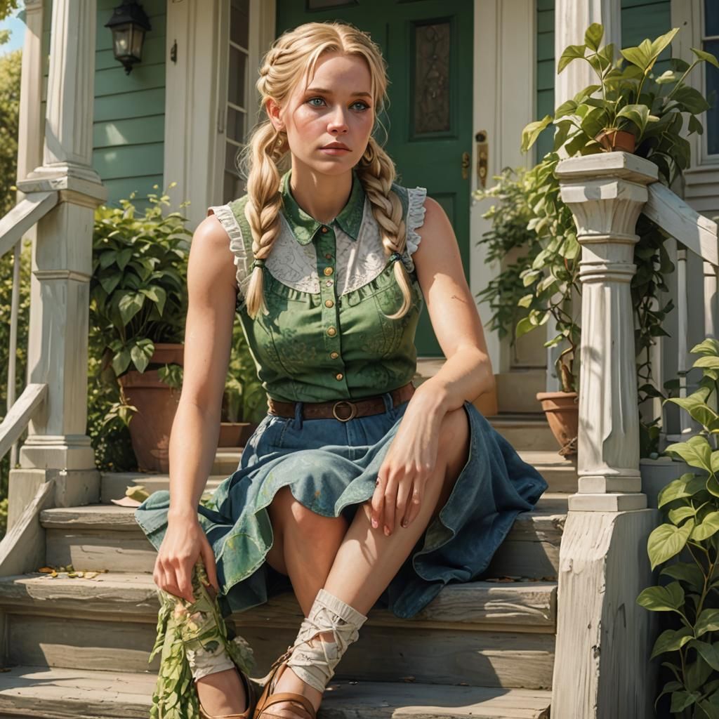 Blond Girl on Porch: Whimsical Matte Painting