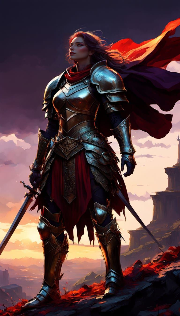 Ethereal Female Knight Dominates Dark Battlefield in Cyberpu...