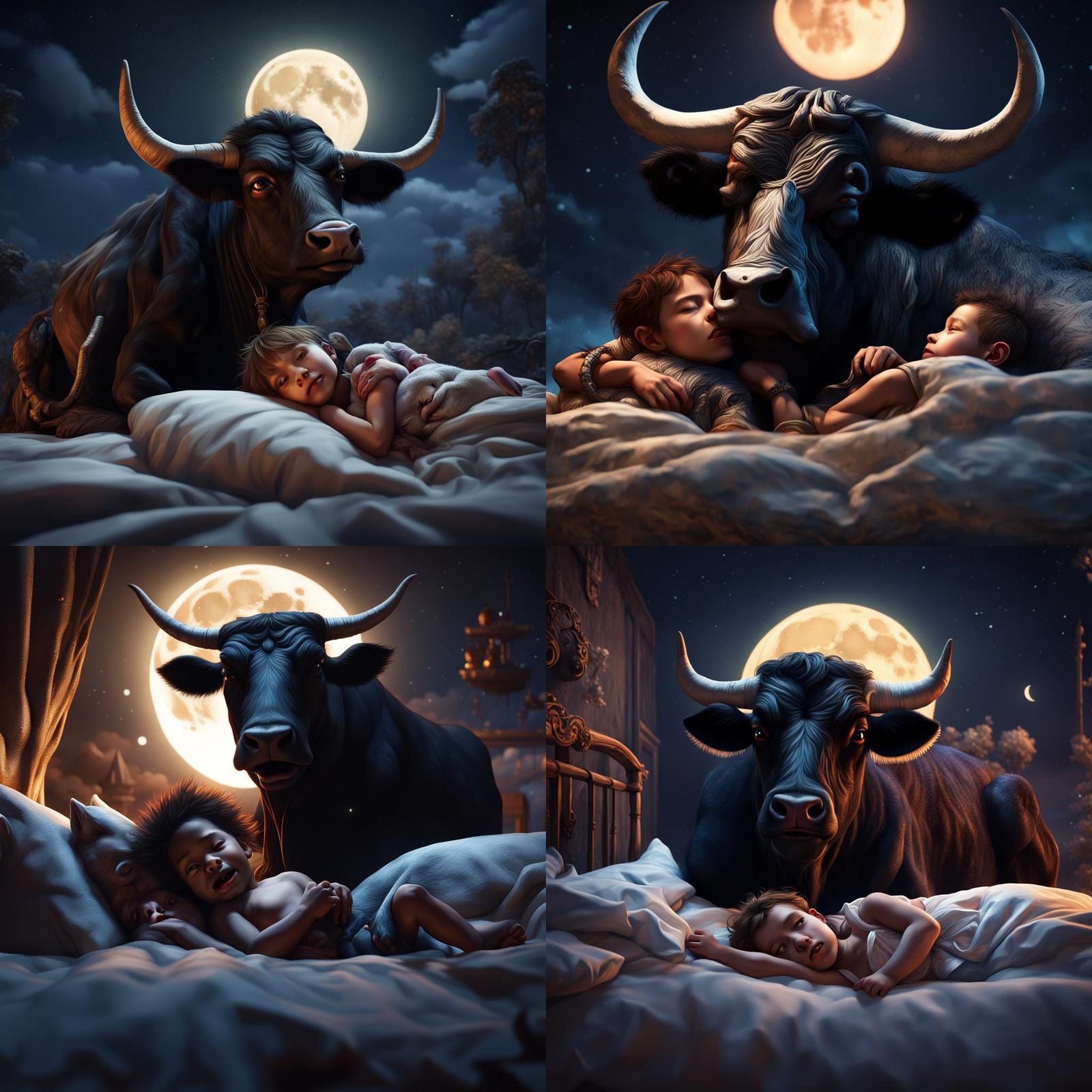 Ox with Black Face Holding Child at Night