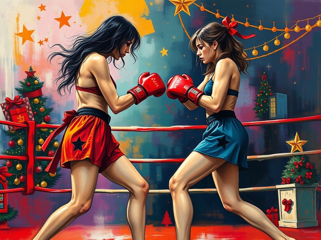 Goth Women Engage in Boxing Match on Christmas in Abstract A...