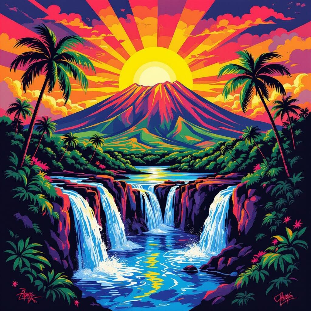 Vibrant Sunrise Over Volcanic Mountain with Waterfalls