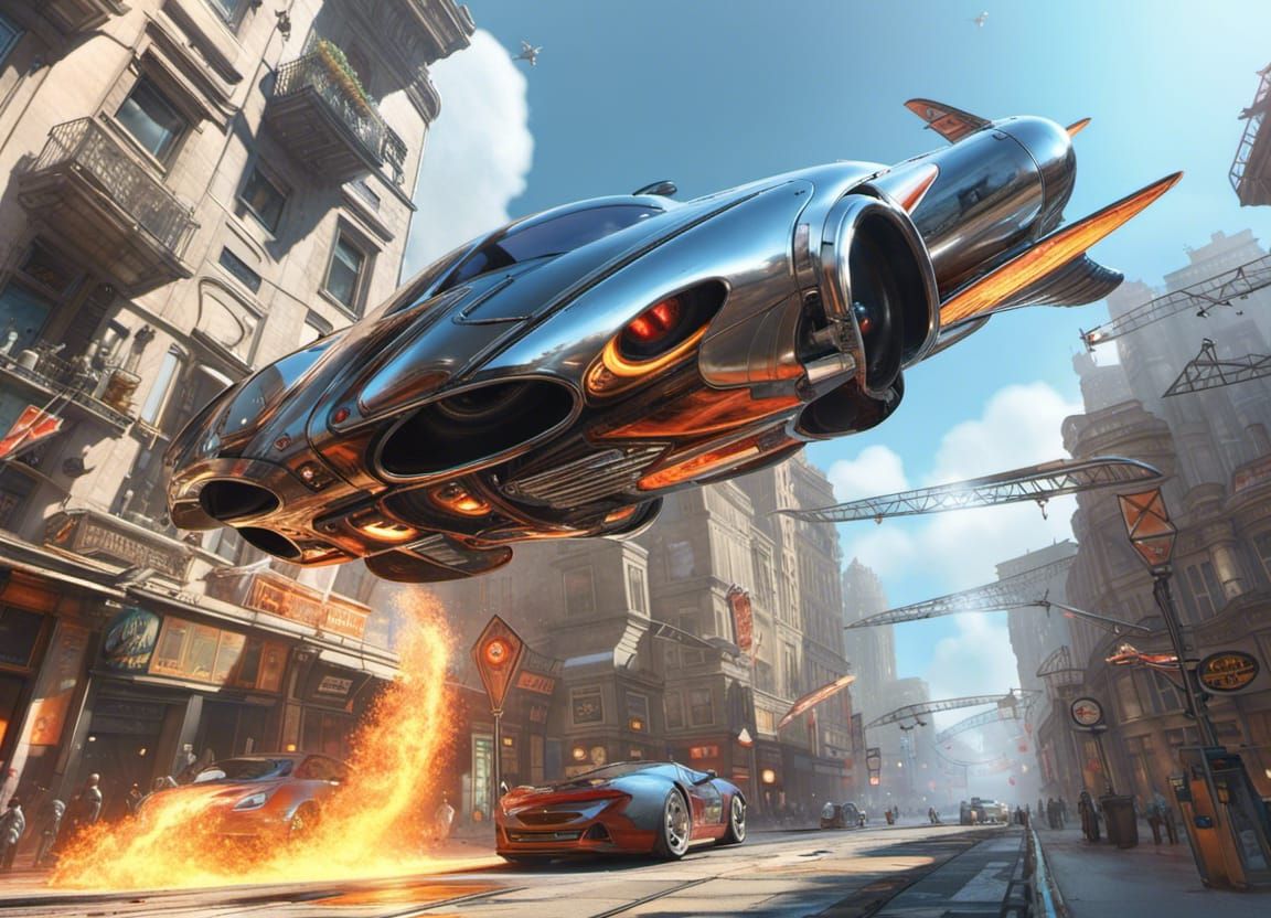 Hyperdetailed Flying Car with Rocket Flames in 8k