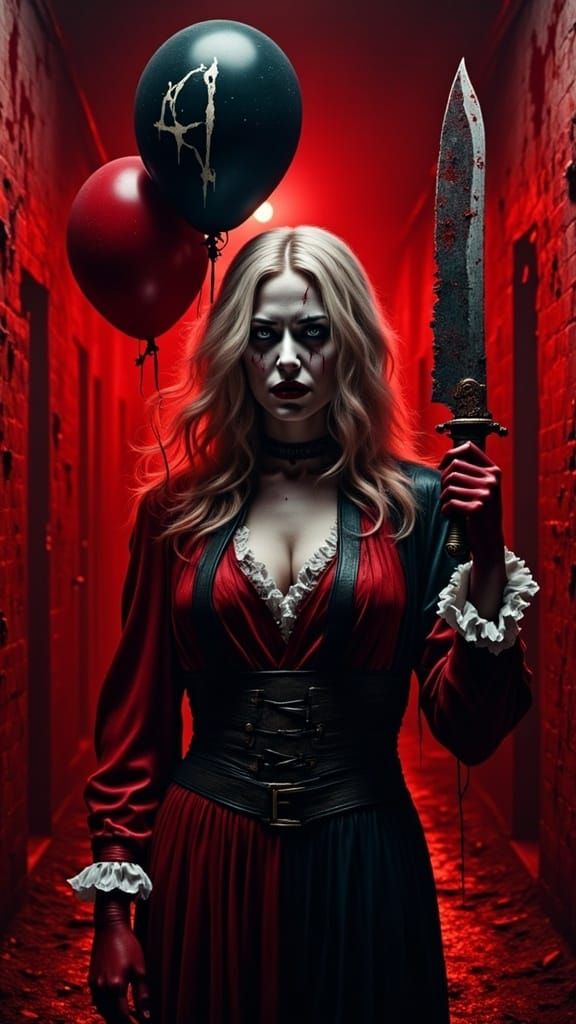 Harley Quinn as Twisted Horror Icon in a Blood-Red Room