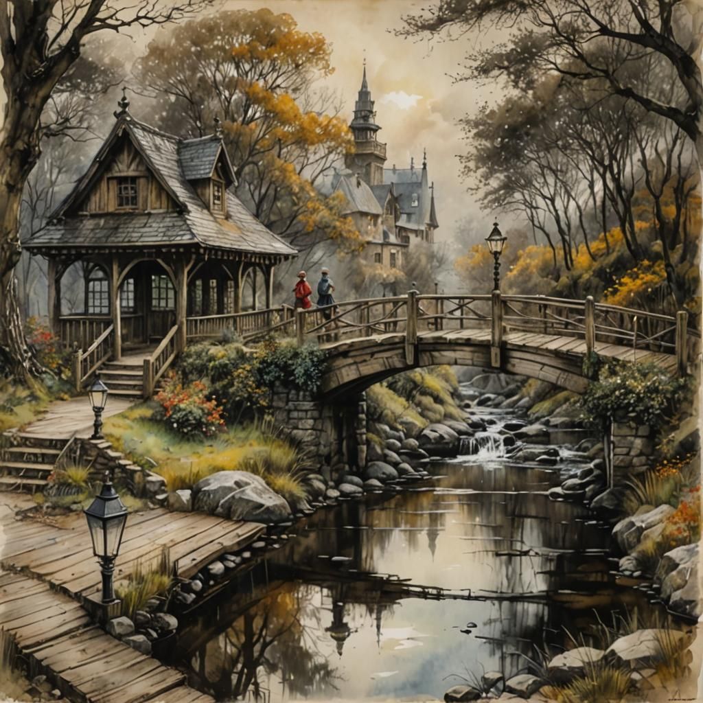 Victorian Footbridge Sketch in Vivid Triadic Colors