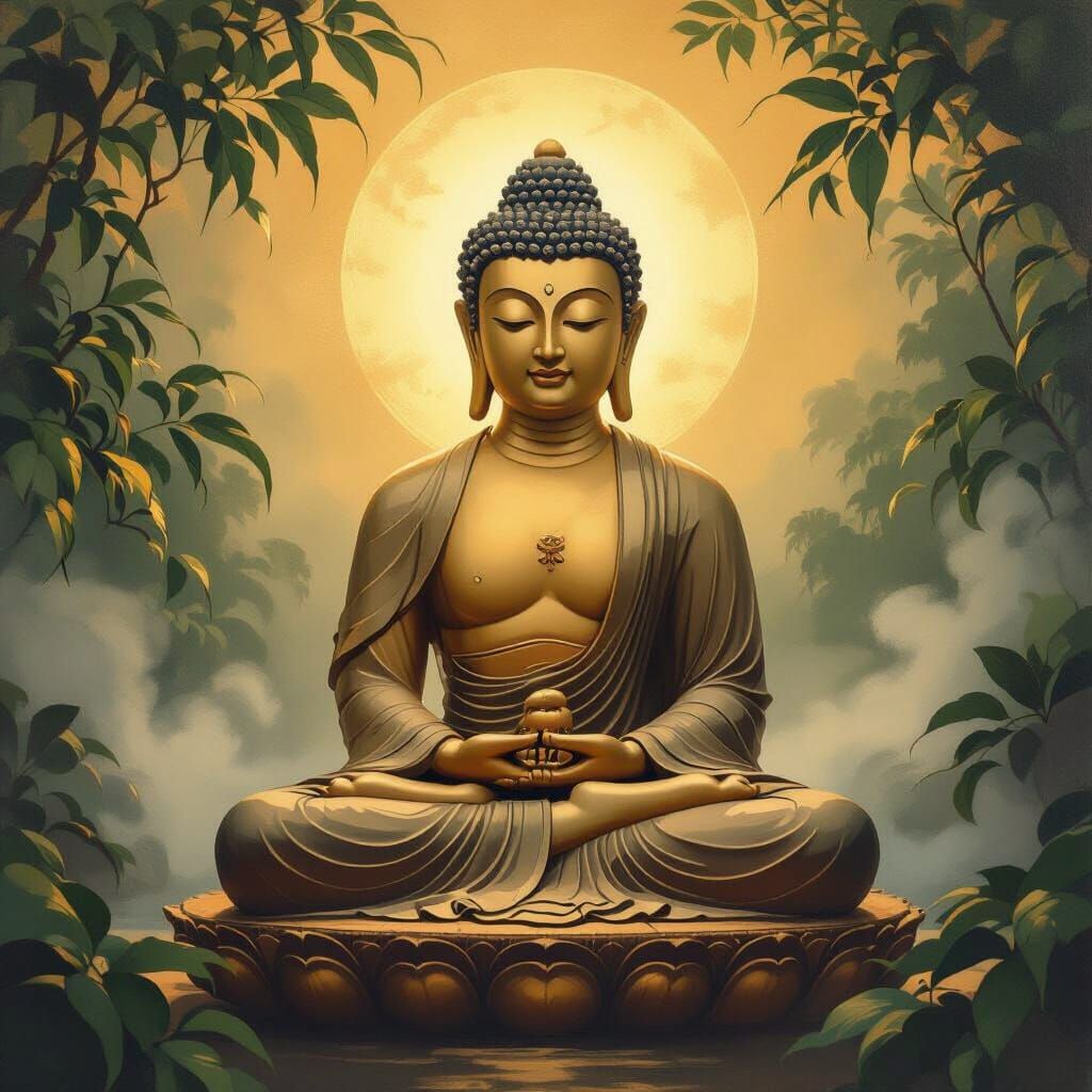 Serene Buddha Meditating in Golden Light, Oil Painting