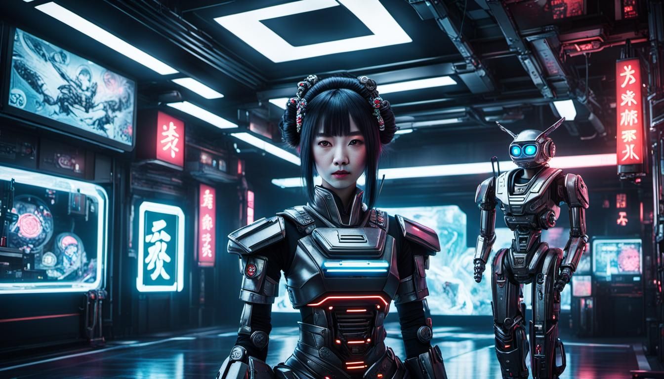 Cyberpunk Geisha with Robotic Pets in Neon Japan