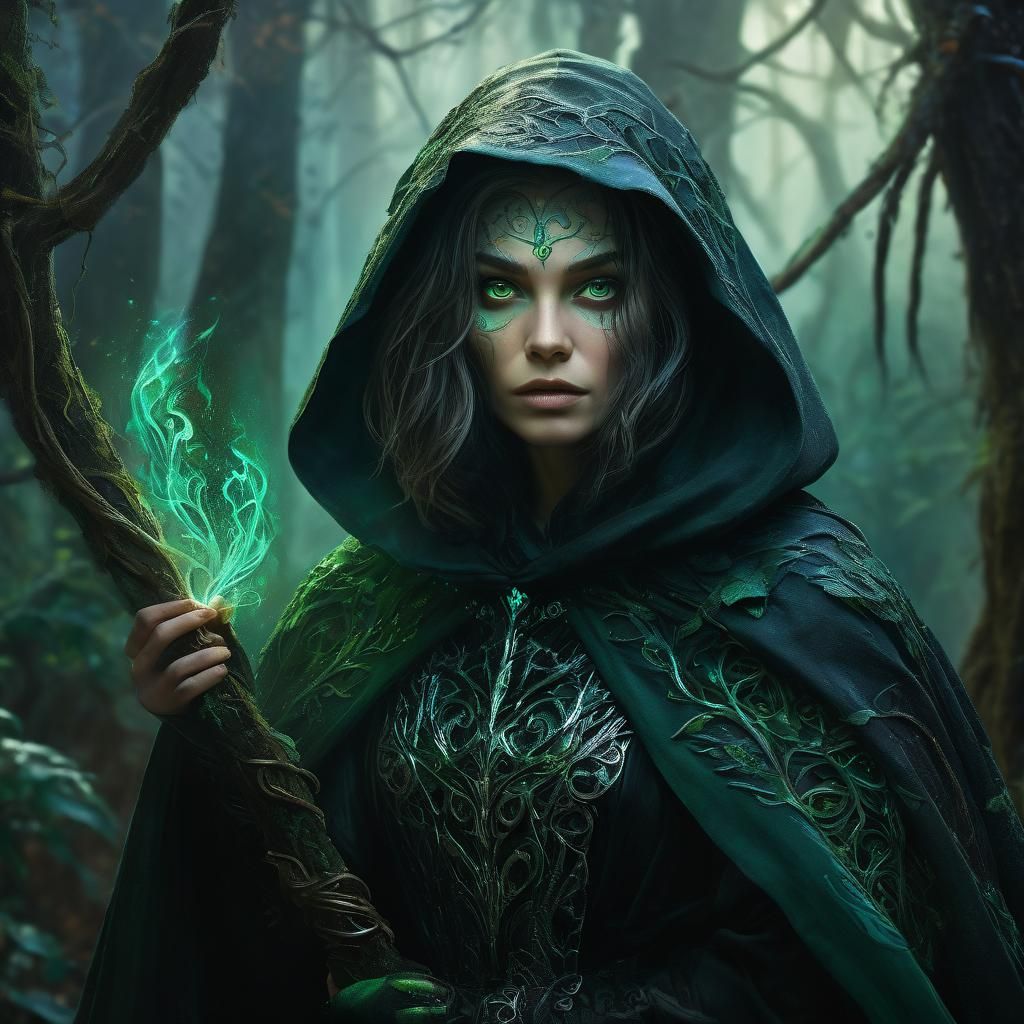 Female Rogue in Mystical Forest Oil Painting