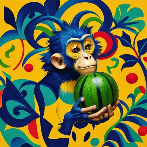 Vibrant Still Life of Monkey and Melon in Bold Expressionist...