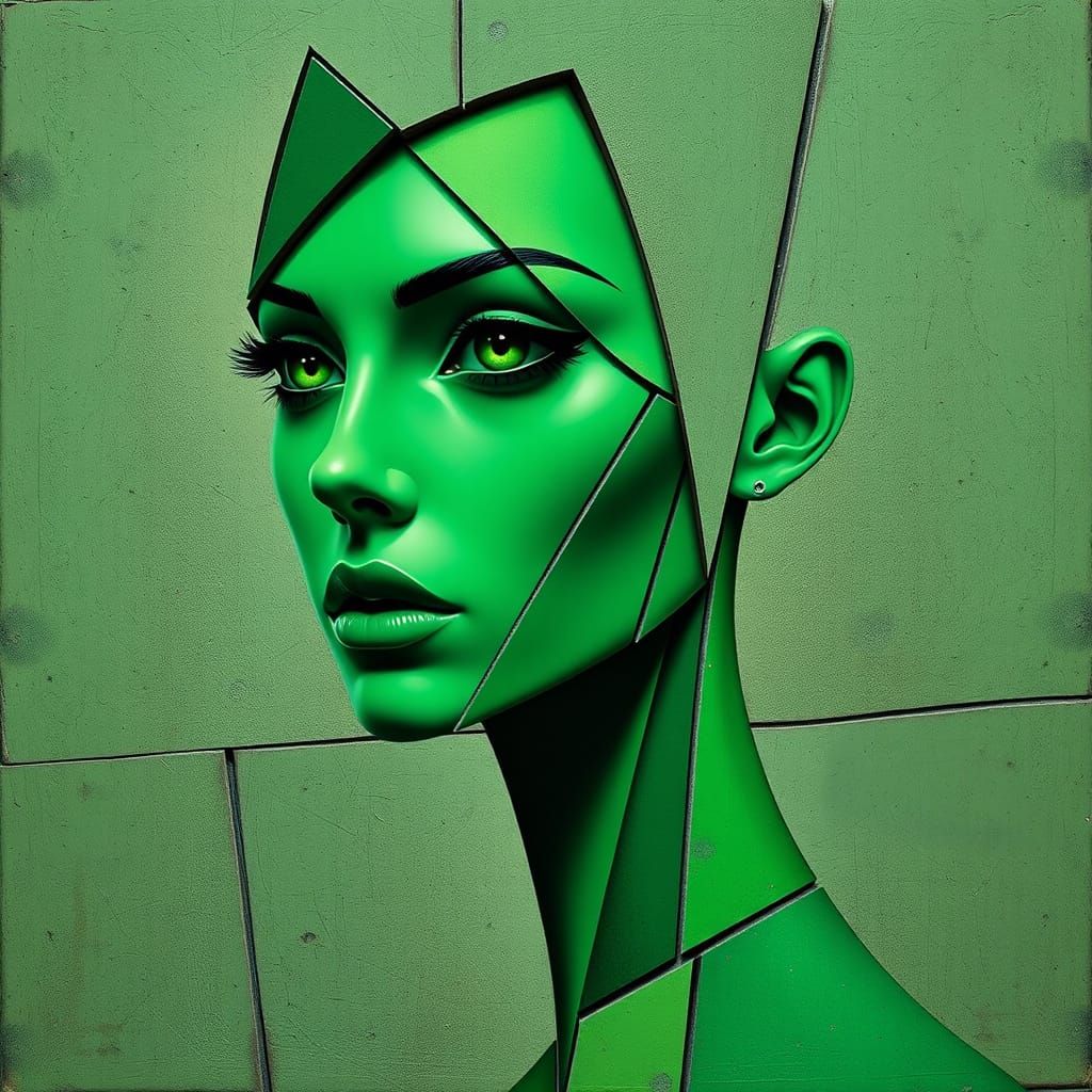 Cubist Green-Eyed Beauty in Monochromatic Green