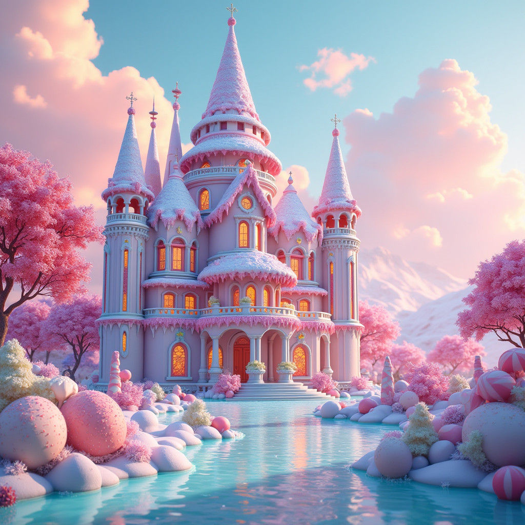 Whimsical Ice-Cream Villa in Dreamlike Landscape