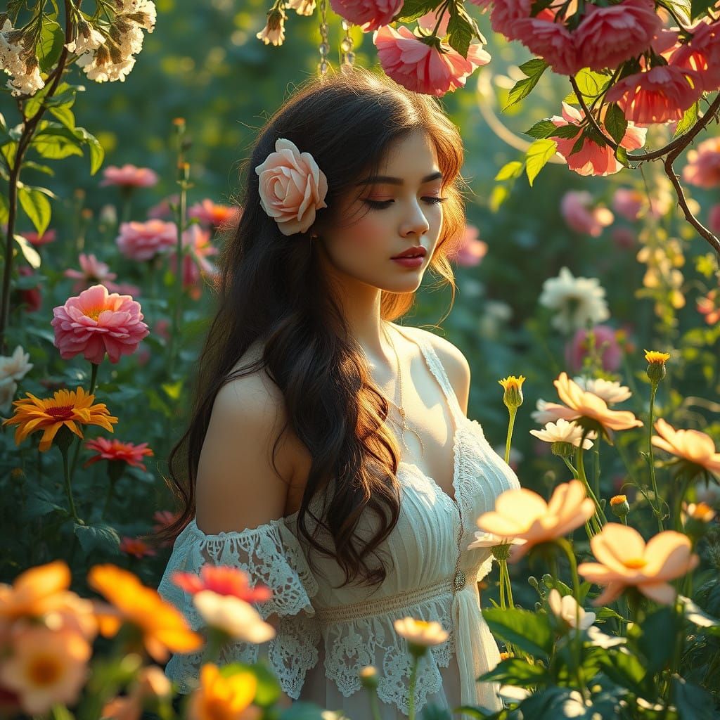 Dreamy Woman in a Vibrant Floral Garden