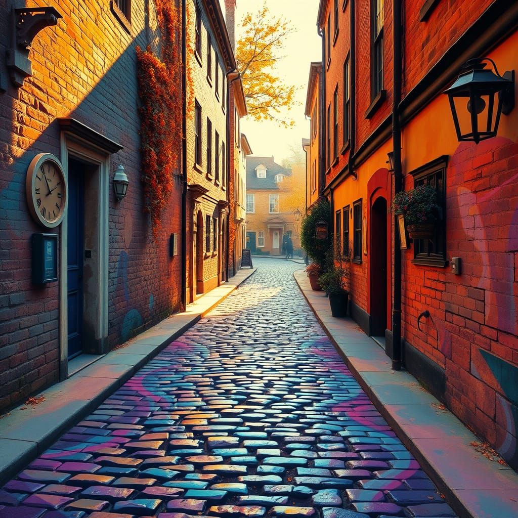 Vibrant Autumn Backstreet Scene in Impasto Style