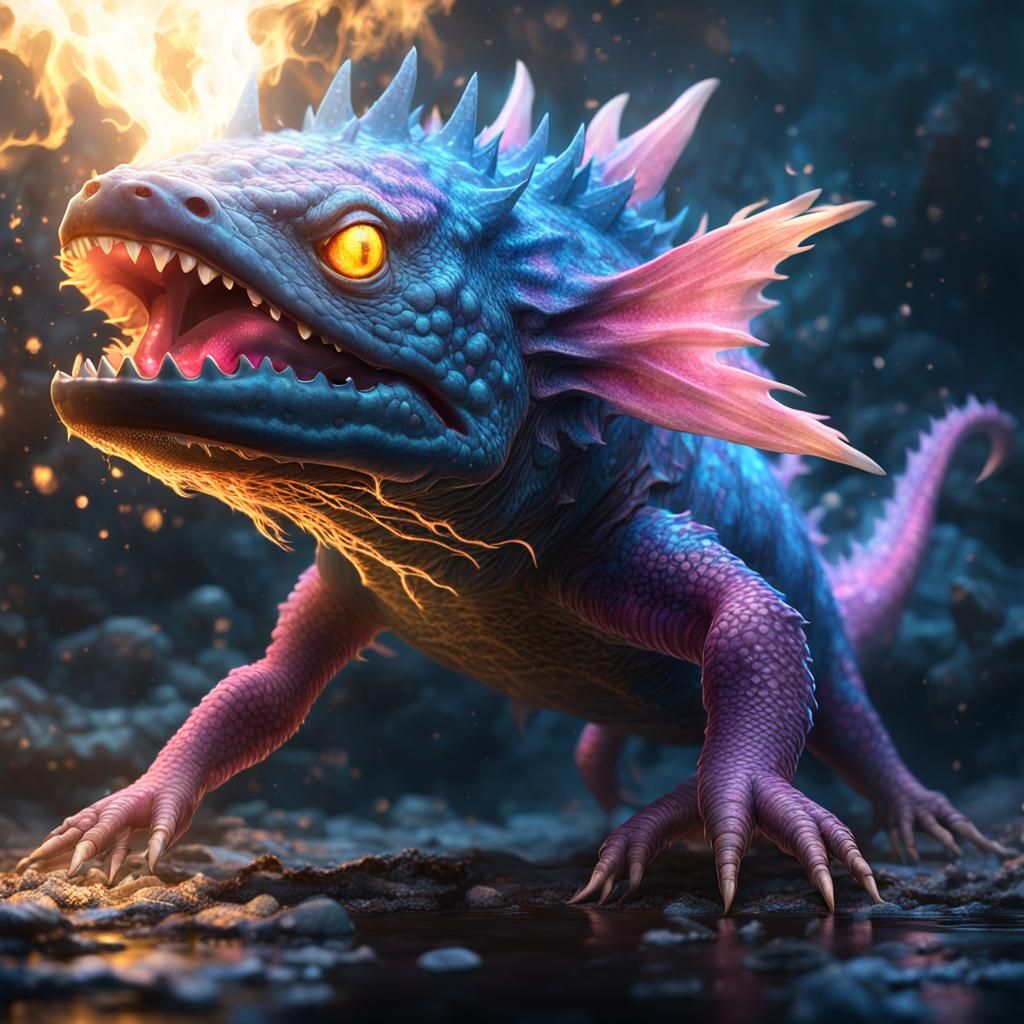 Evil Axolotl Dragon Scorching with Blue Fire