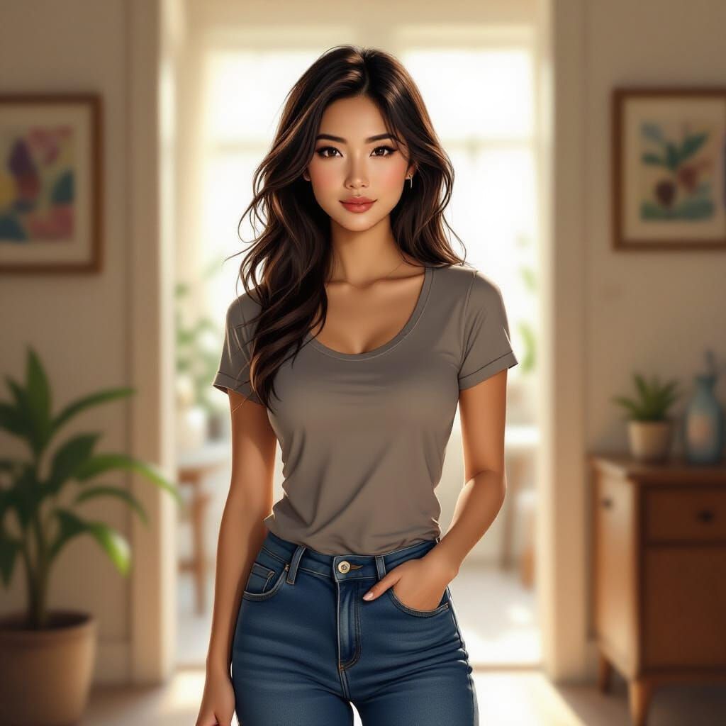 Photorealistic Asian Woman in Jeans and T-Shirt