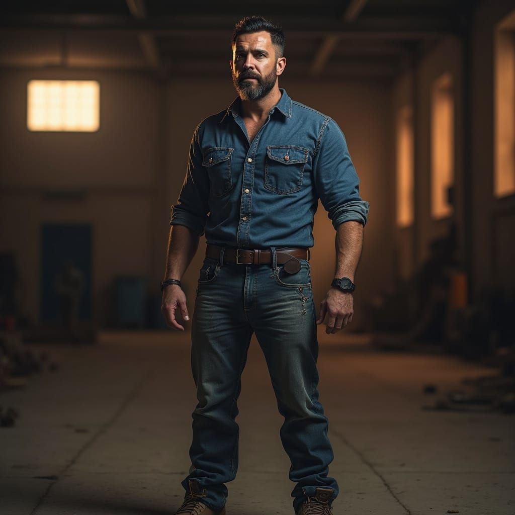 Hyperrealistic Portrait of a Man in Warehouse at Sunset