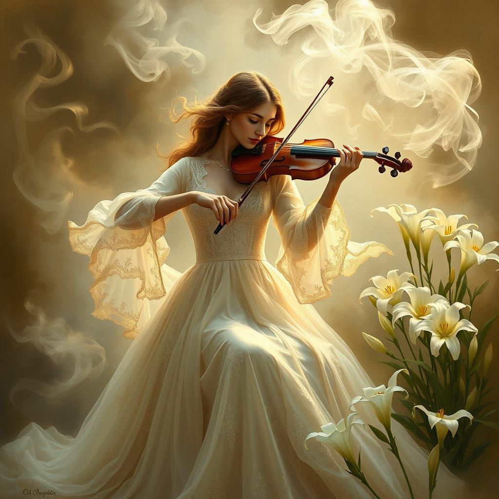 Woman Plays Violin Amidst Swirling Smoke and Lilies in a Gol...