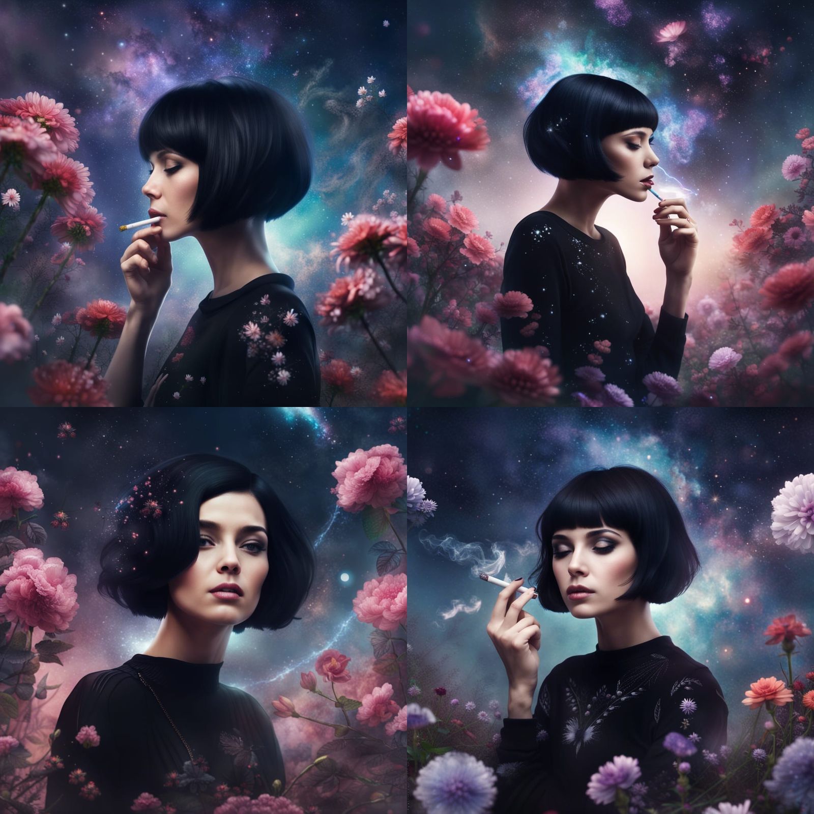 Floral Galaxy Girl Smoking: Detailed Matte Painting