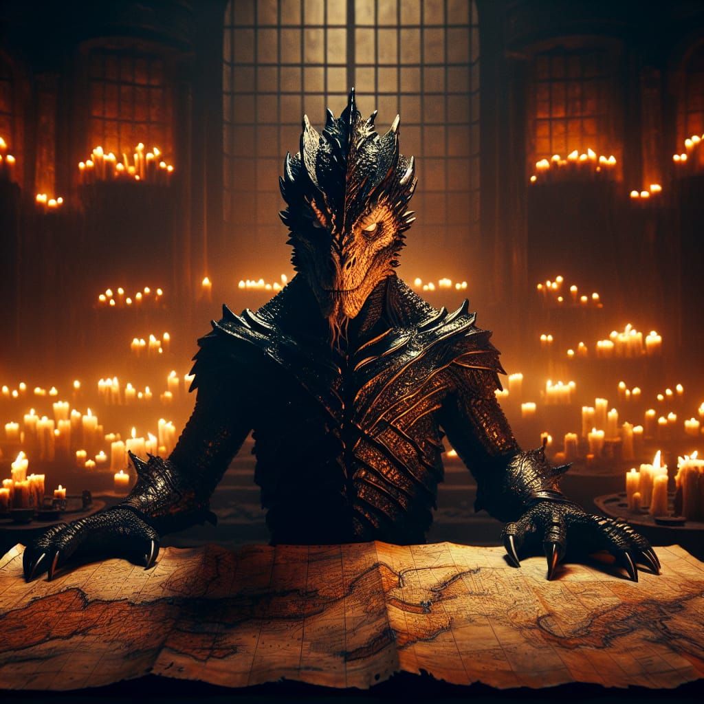 Dark Fantasy Warrior Dominates Dramatic Map Room