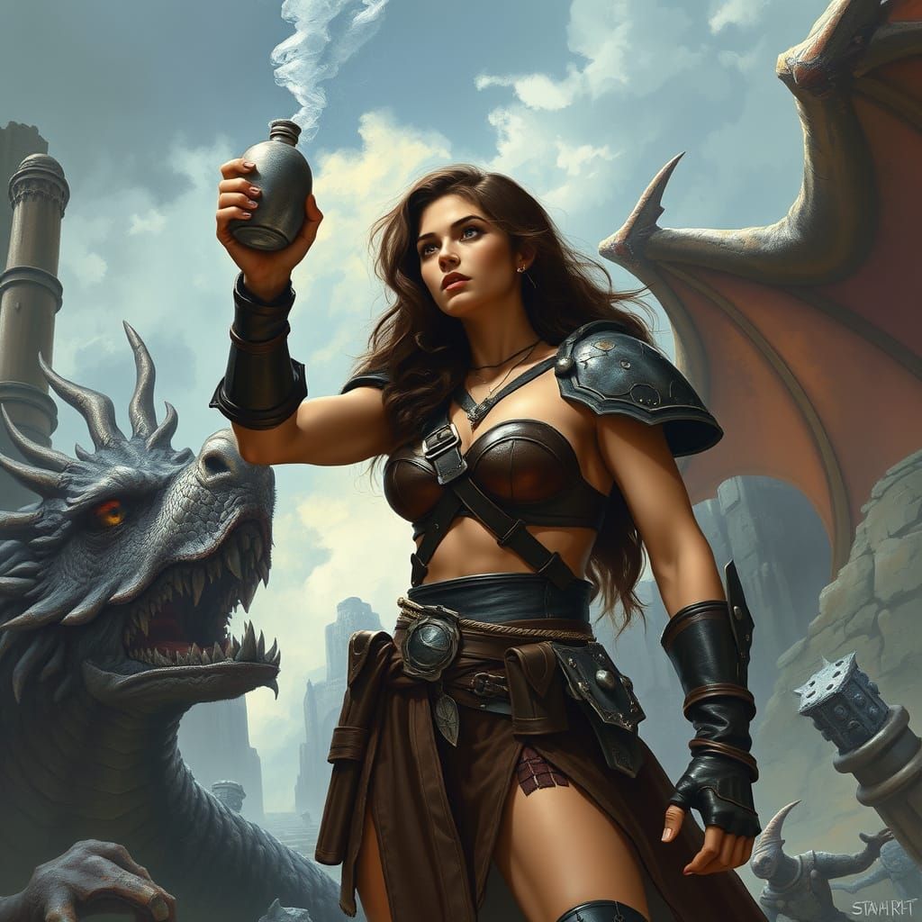 Woman Faces Dragon in Ruins: Frank Frazetta Style