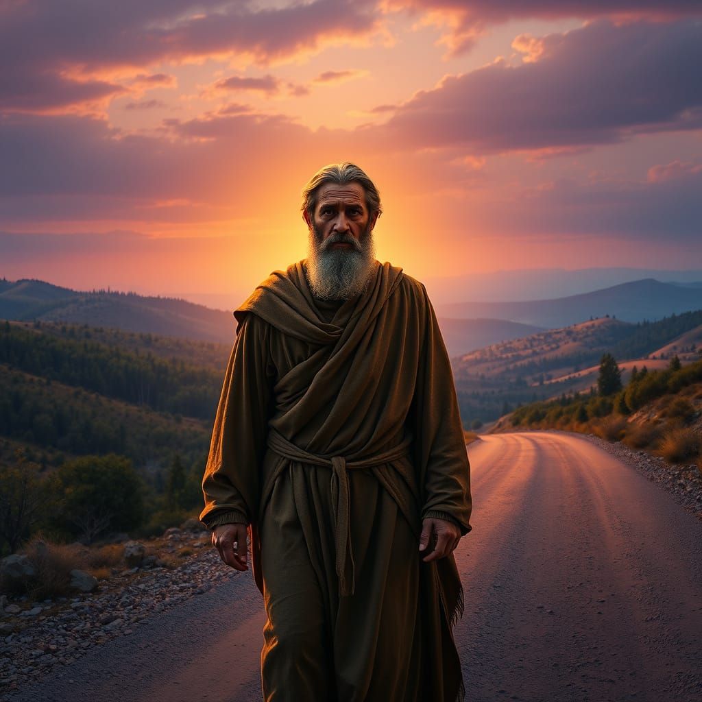 Apostle Paul Walks Contemplative Path Under Golden Light