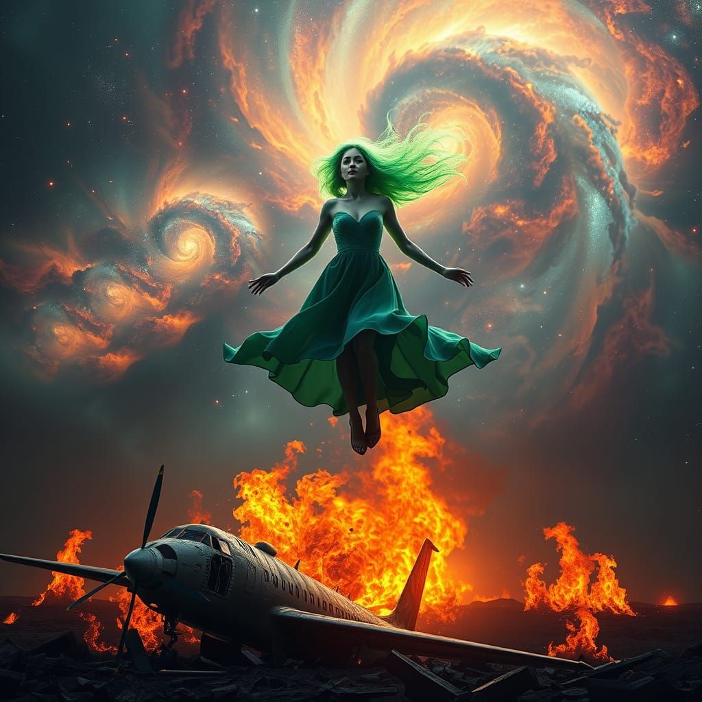 Cosmic Woman with Green Hair Above Destroyed Plane