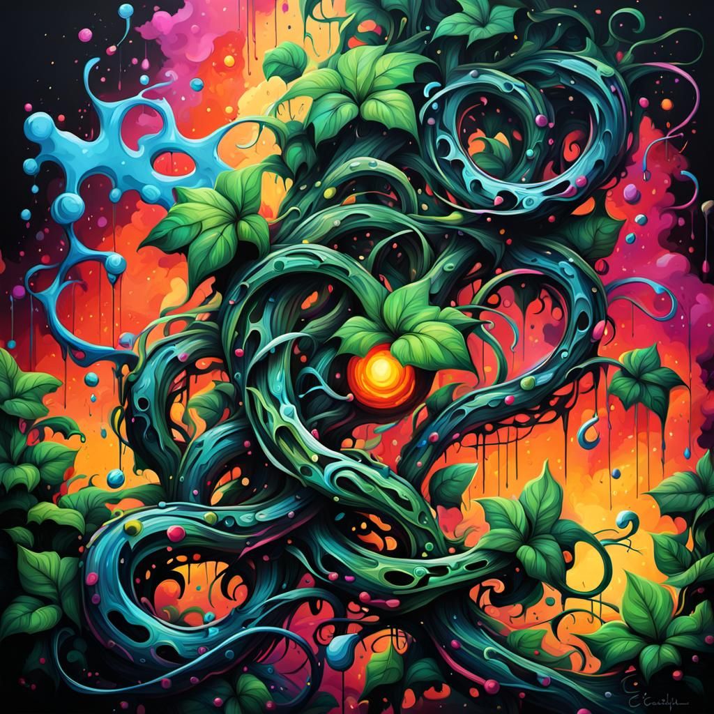 Glowing Vines Graffiti Art with Sharp Thorns