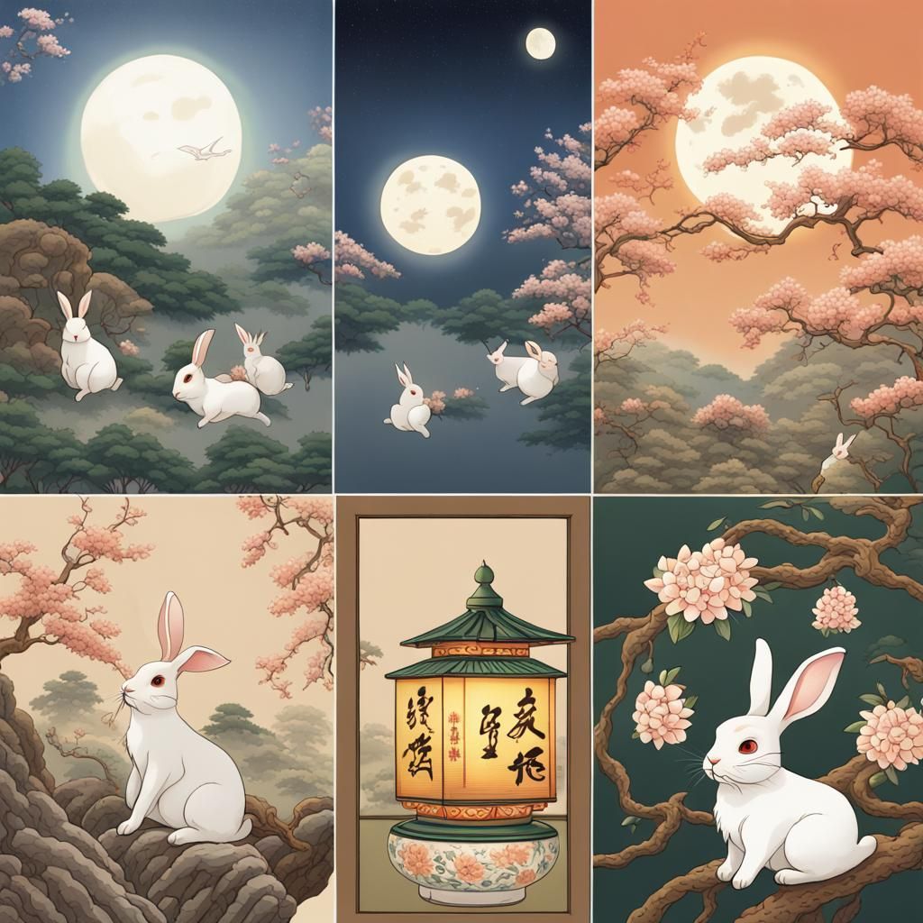 Rabbits Gazing at Moon in Mountain Landscape