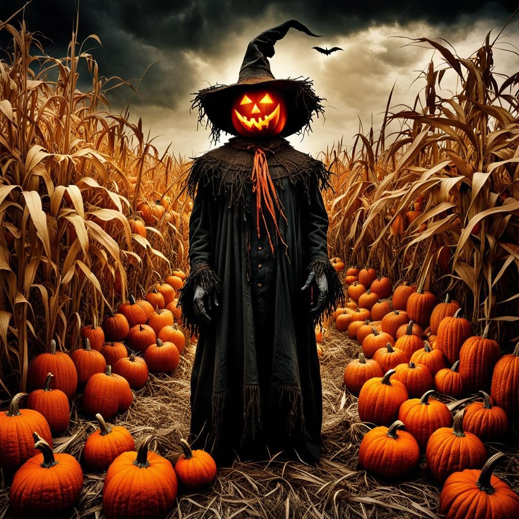 Demonic Scarecrow with Jack-o'-Lantern Head
