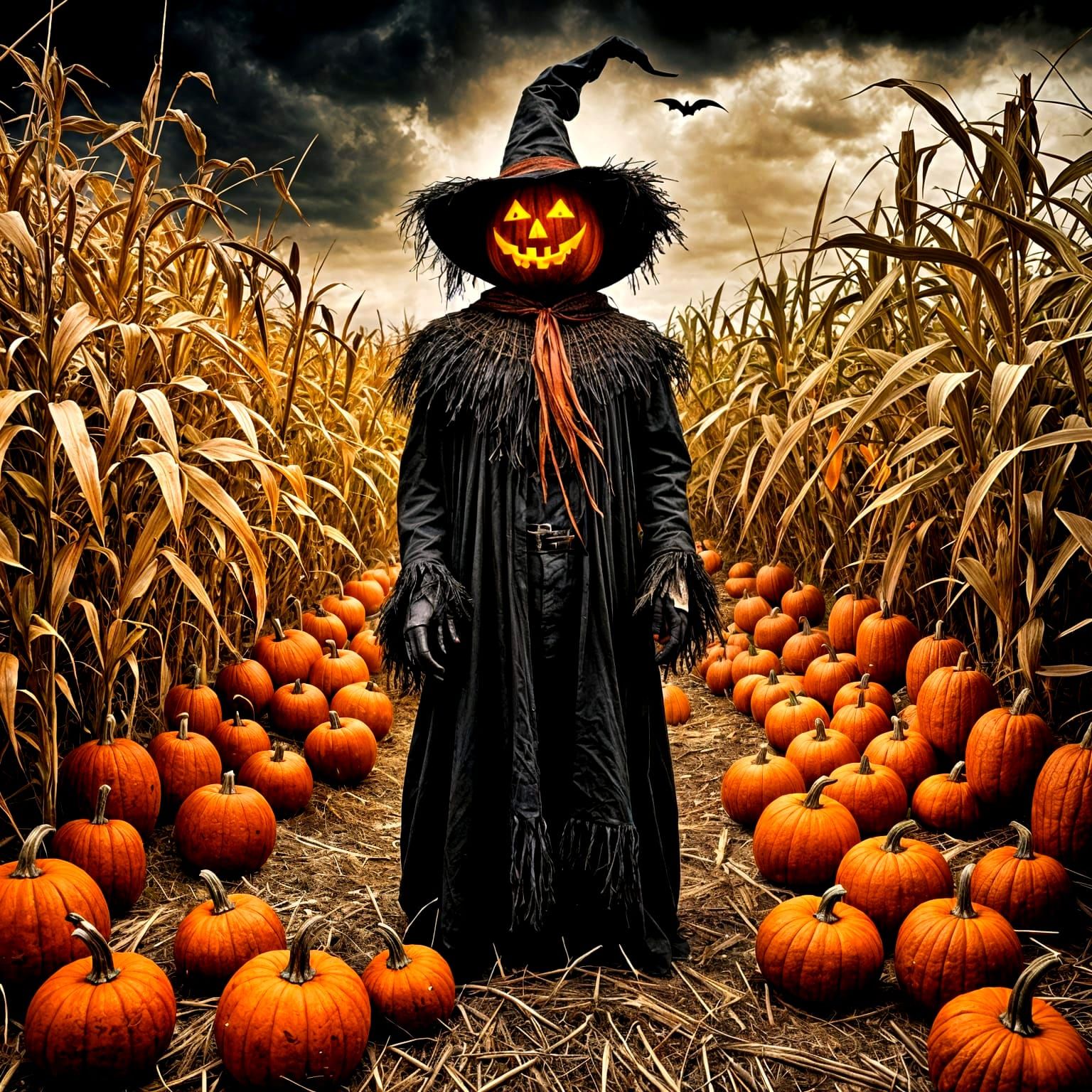 Demonic Scarecrow in Halloween Cornfield